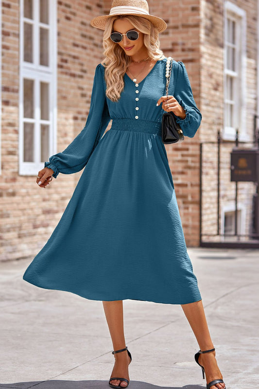 Smocked V-Neck Flounce Sleeve Midi Dress