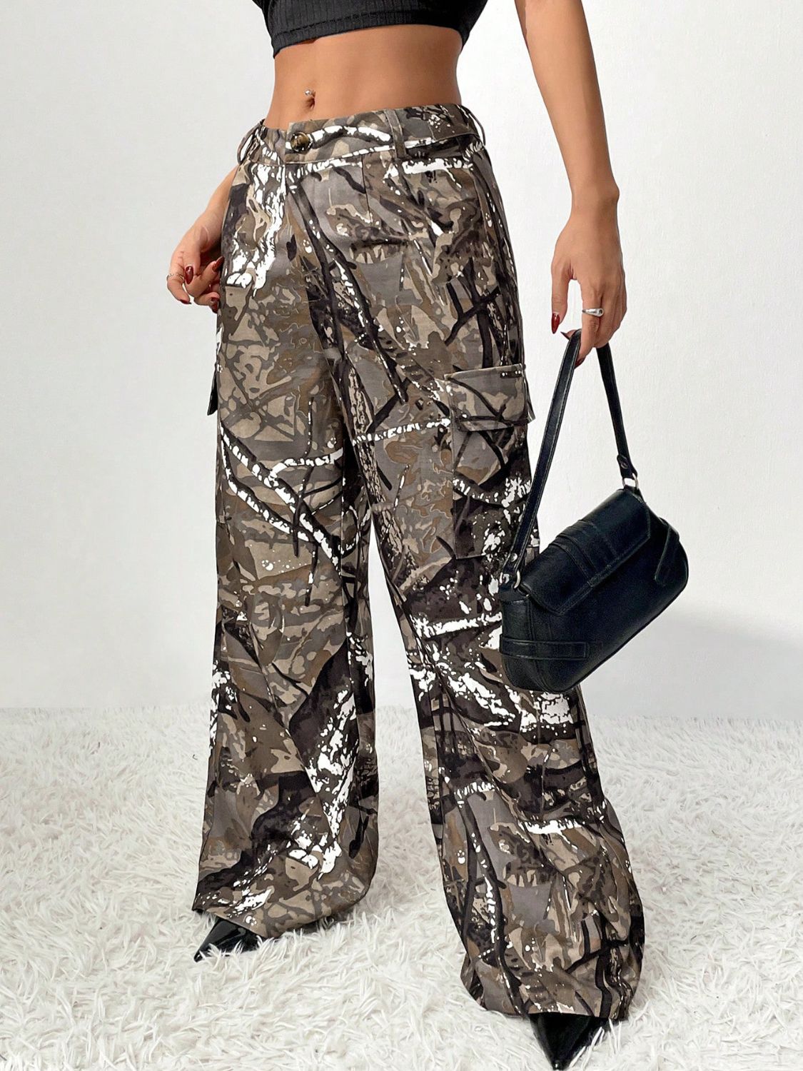 Graffiti Printed Wide Leg Cargo Pants